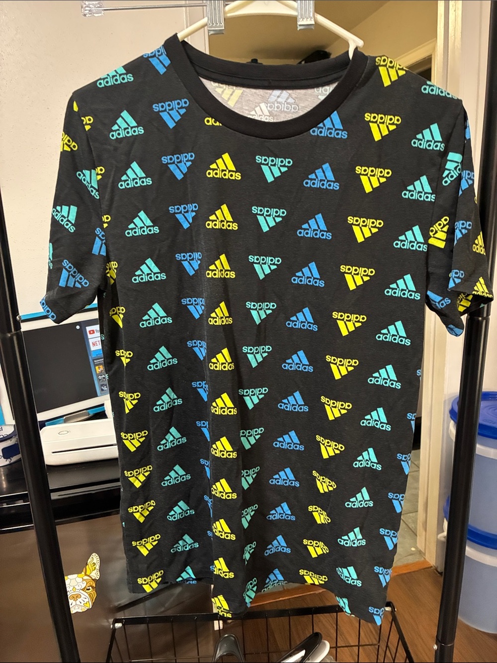 adidas Black Tee with Blue & Yellow Logo Pattern